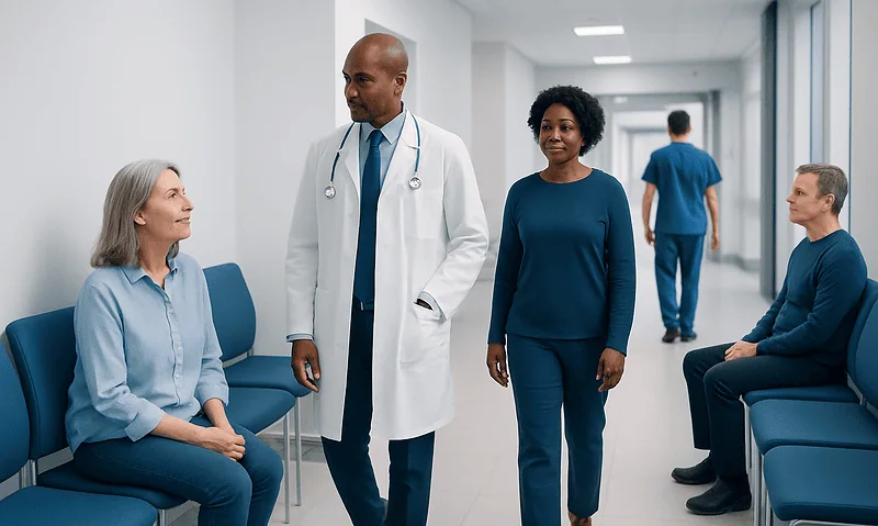 Doctor consulting with patients in a hospital corridor.