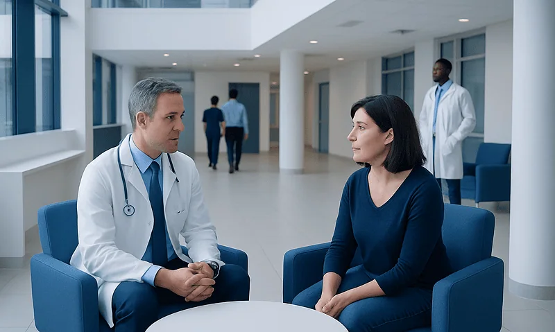 Doctor consulting with a patient in a modern hospital lobby.