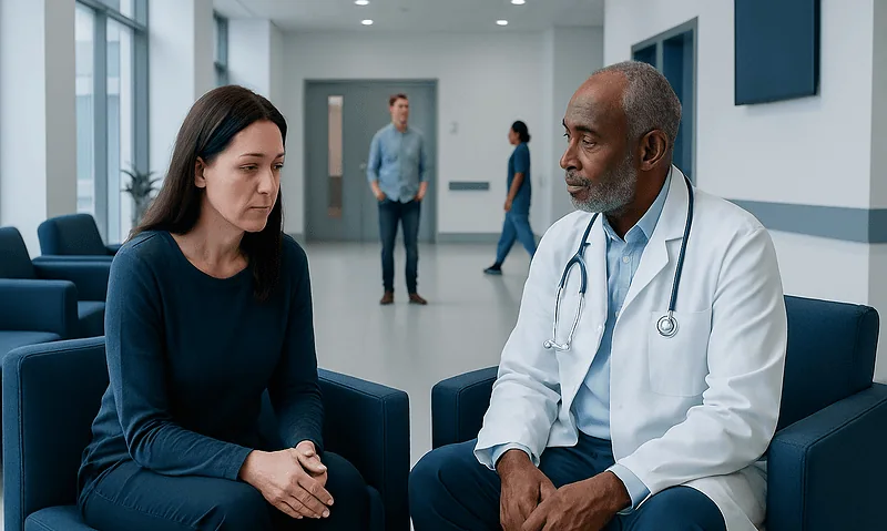 Doctor consulting with a patient in a hospital waiting area.