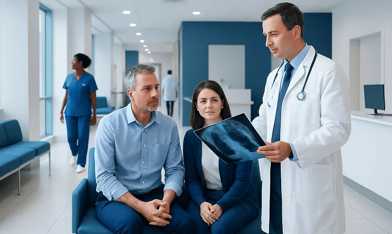 Doctor explaining imaging results to patients in hospital corridor.