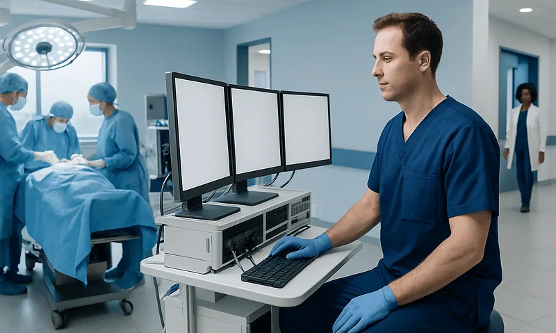 Neurophysiologist monitoring patient during surgery at Acibadem Hospital.