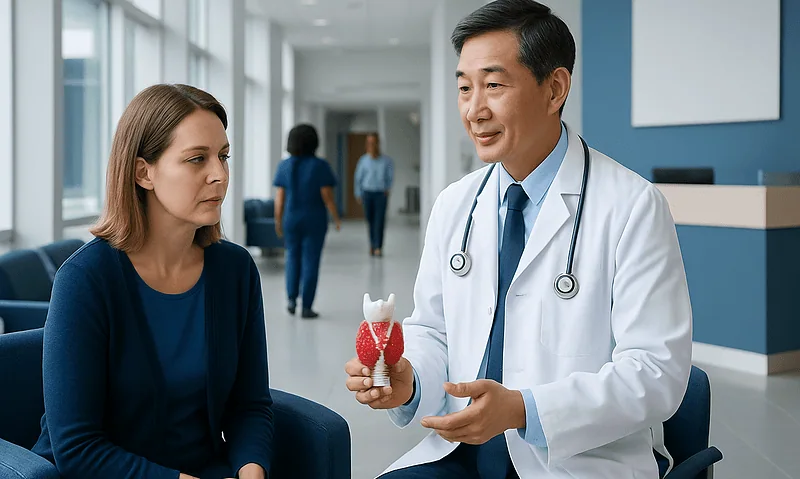 Thyroid doctor explaining treatment options to a patient in a hospital corridor.