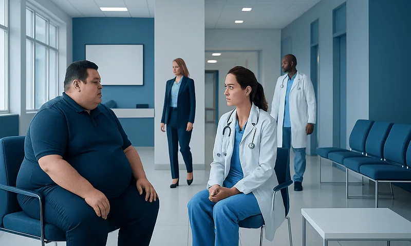 Doctor consulting with a patient in a hospital corridor.