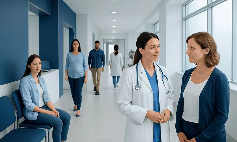Choosing a Women's Clinic: How to Compare Care, Expertise, and Services 15 Healthcare professionals and patients in a modern hospital corridor.