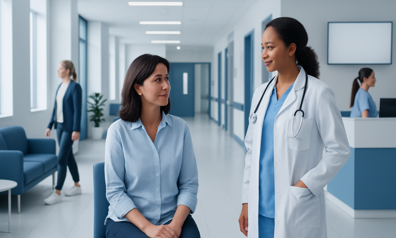 Women's Health Checkup: What a Gynecology Visit Includes 18 Doctor consulting a patient in a modern hospital corridor.