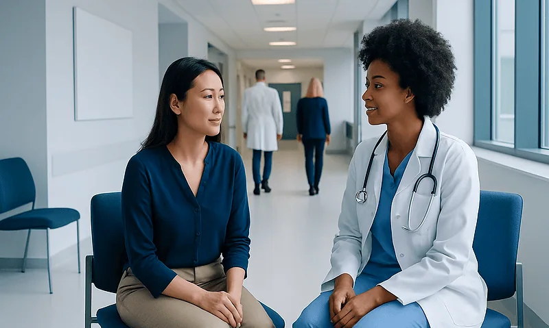 Women's Health Checkup: What to Expect at a Gynecology Visit 13 Doctor consulting with a patient in a hospital corridor.