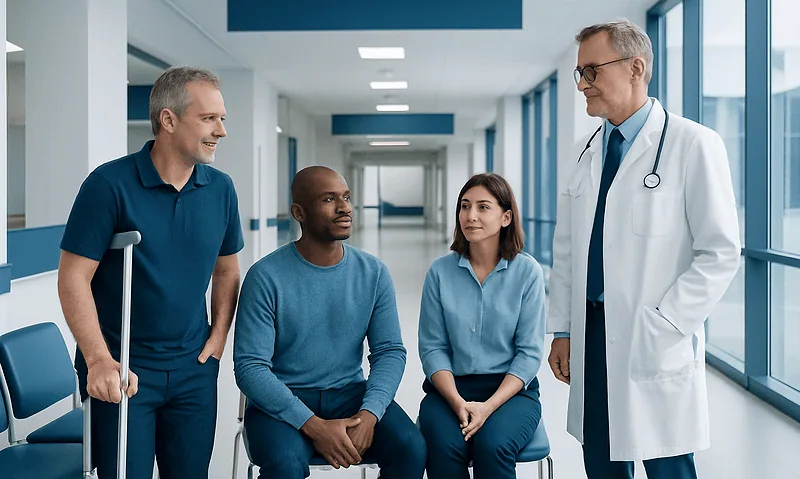 Medical team consulting with a patient in hospital corridor.
