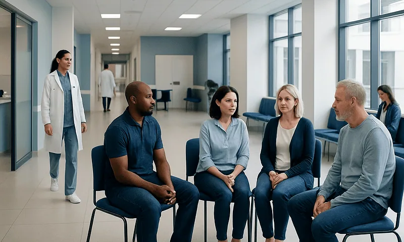 Group therapy session at a hospital with diverse participants and a healthcare professional.