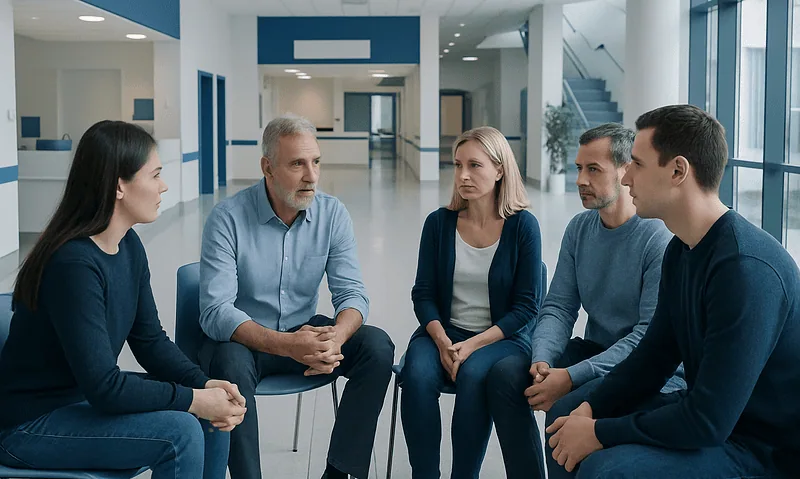 Support group meeting at Acibadem Hospitals Group for recovery assistance.
