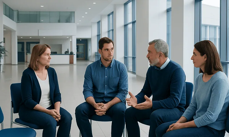 Support group therapy session in a modern hospital lobby.