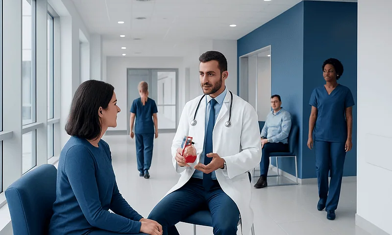 Health Library 14 Doctor explaining heart health to patient in hospital corridor.