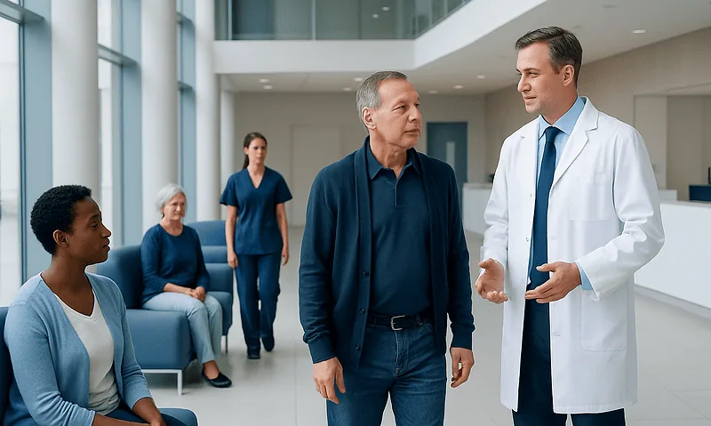Health Library 9 Doctor consulting with patient in hospital lobby with waiting area.