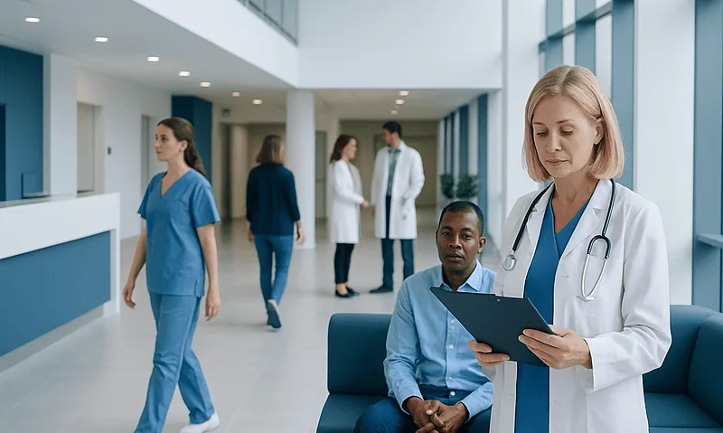 Healthcare professionals and patients in a modern hospital lobby.