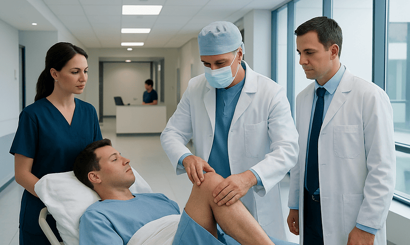Medical team examining patient's knee in hospital setting.