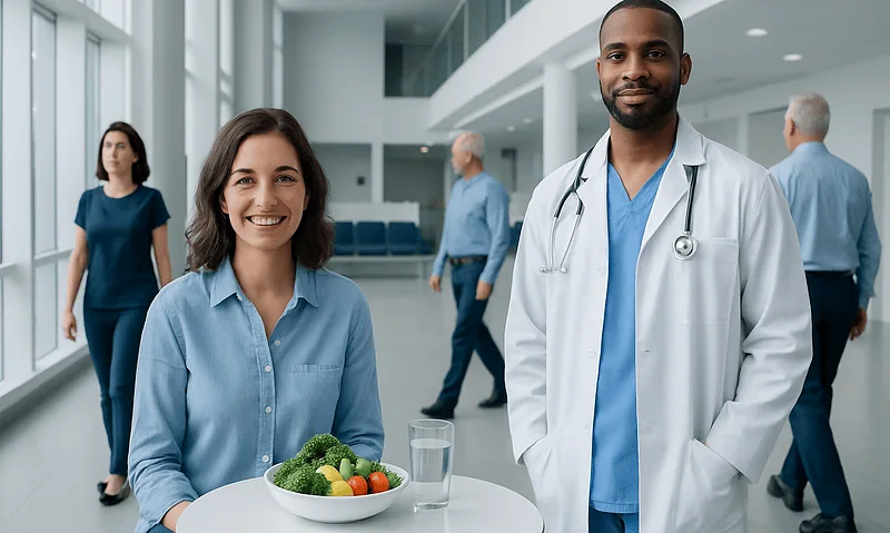 Healthcare professionals in a modern hospital setting with a smiling nurse and doctor.