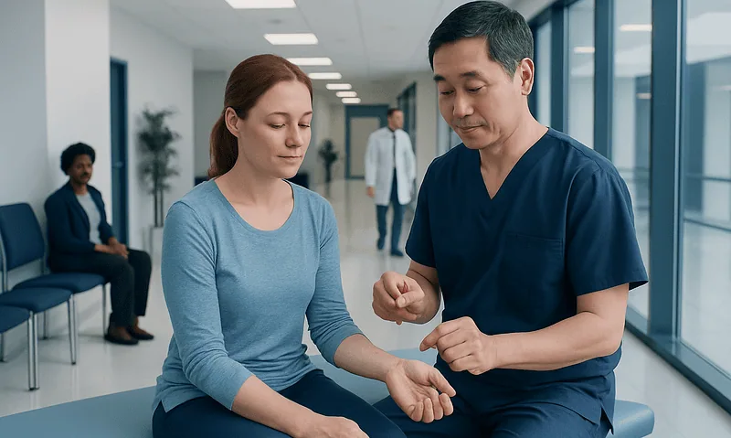 Doctor performing acupuncture on a patient in a modern hospital setting.