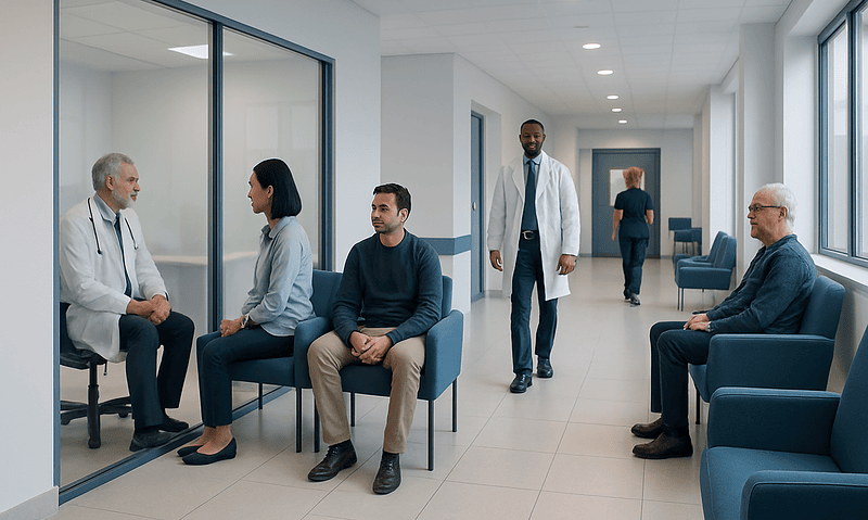 Adenomyosis and IVF: Diagnosis, Treatment Planning, and Pregnancy Chances 8 Patients waiting in a hospital corridor with medical staff and doctors.