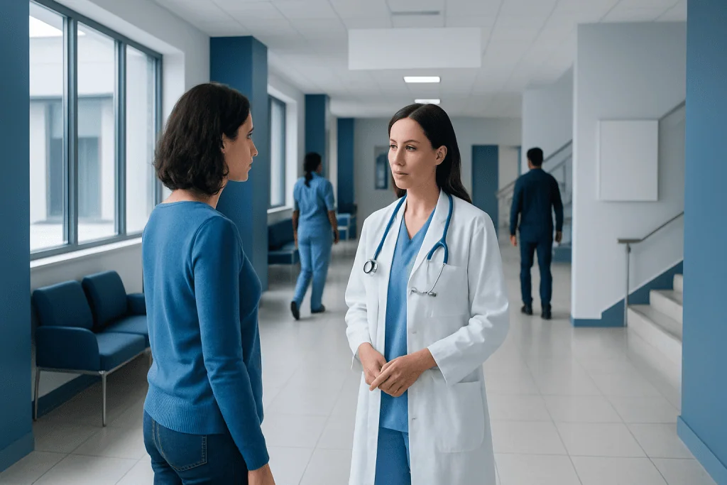 IVF With Adenomyosis: Diagnosis, Treatment Planning, and Transfer Decisions 1 Doctor consulting patient in hospital corridor with staff in background.