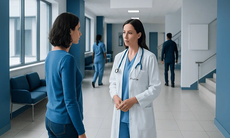 Doctor consulting patient in hospital corridor with staff in background.