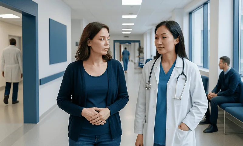 IVF With Adenomyosis: Symptoms, Imaging, and Treatment Strategy 8 Doctor and patient discussing in hospital corridor at Acibadem Hospitals Group.