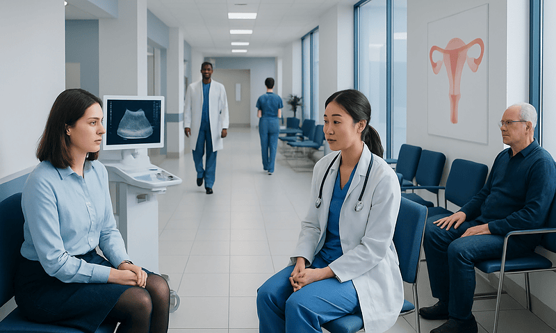Medical consultation in a modern hospital corridor with ultrasound imaging.