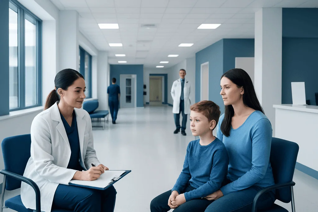 ADHD and Neuropsychological Testing: When Is an Evaluation Helpful? 1 Doctor consulting with a young boy and his mother in a hospital corridor.