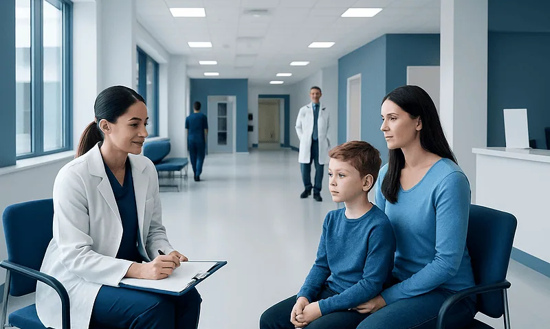 Doctor consulting with a young boy and his mother in a hospital corridor.