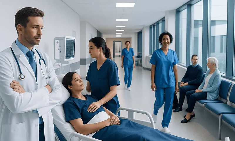 Medical team attending to a patient in a hospital corridor with large windows.