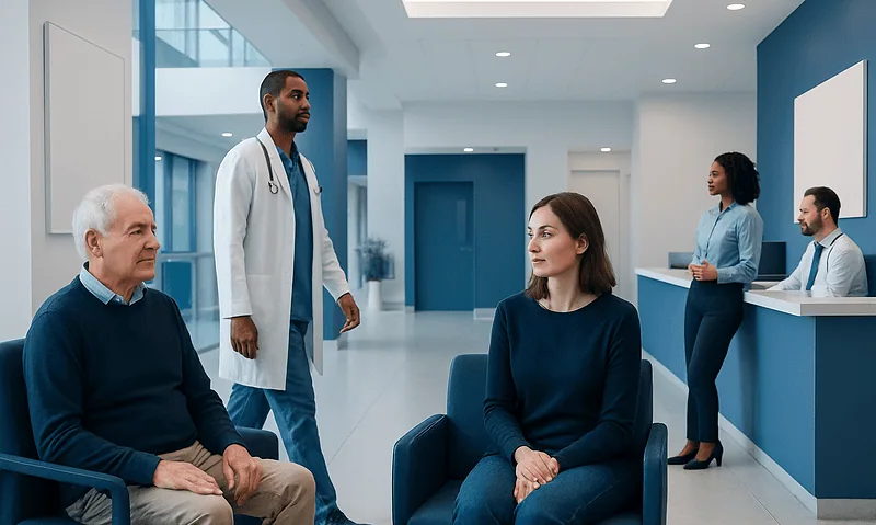 Medical consultation in a modern hospital waiting area with diverse staff and patients.