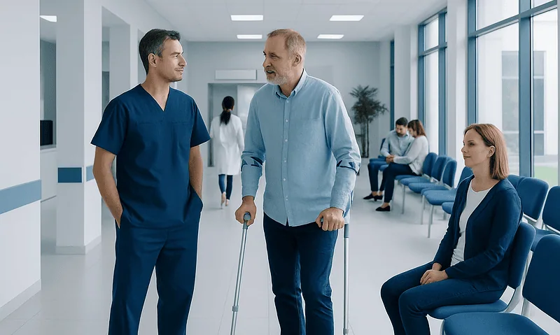 Orthopedic Surgery Cost in Turkey 18 Patient talking with doctor in hospital corridor, healthcare setting.