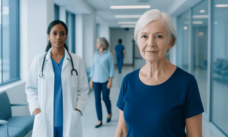 Senior woman patient with healthcare professionals at hospital corridor.