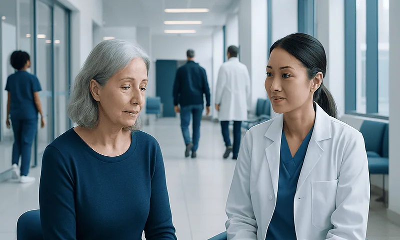 Senior woman consulting with a healthcare professional in a hospital corridor.