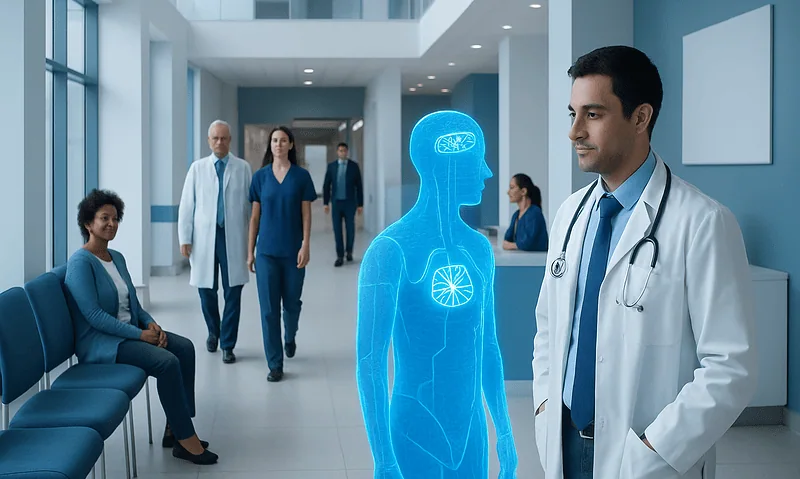 What Is AI in Healthcare? How It Supports Diagnosis and Treatment 7 Healthcare professionals and AI hologram in modern hospital corridor.