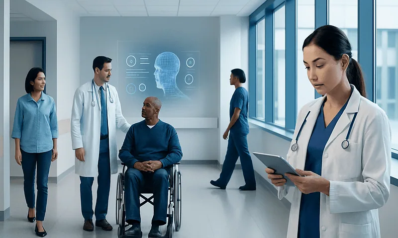 Healthcare professionals and patient in a modern hospital corridor with AI technology display.