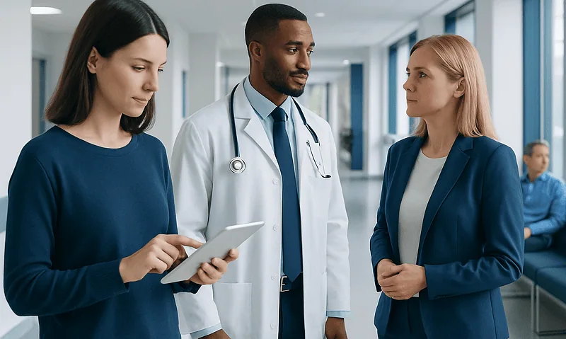 AI Symptom Checkers: What They Can Do and When to See a Doctor Instead 15 Medical professionals discussing patient care in a hospital corridor.