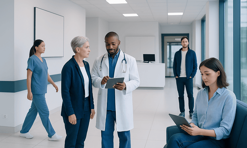 AI Symptom Checkers: What They Can Help With and Their Limits 14 Medical team discussing patient care in hospital corridor.