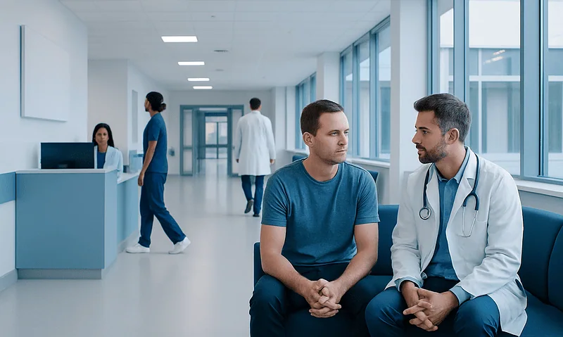 Doctor consulting with patient in hospital corridor at Acibadem Hospitals Group.