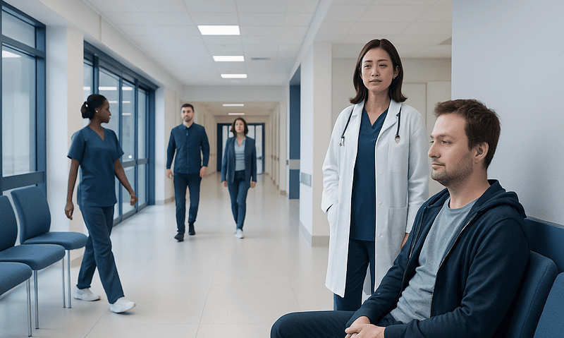Medical professionals and patients in a hospital corridor.