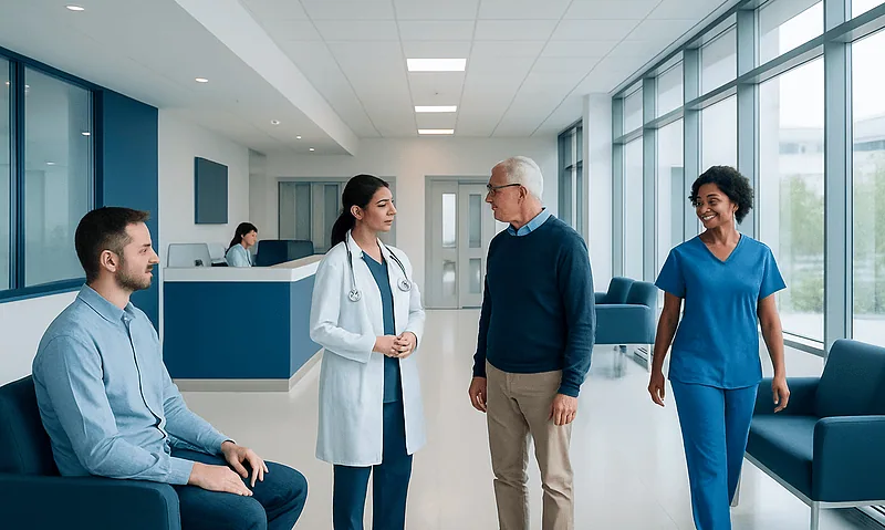 Medical consultation in a modern hospital lobby with healthcare professionals and patient.