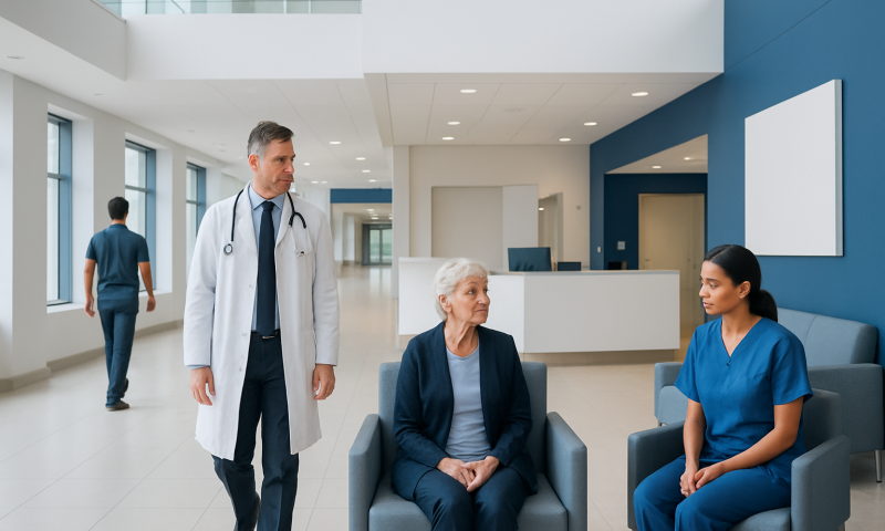 Doctor consulting with elderly patient and nurse in hospital lobby.