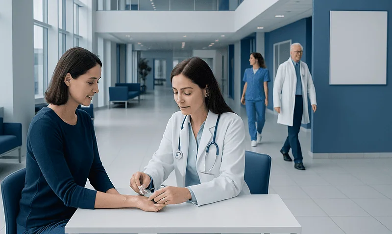 Doctor performing allergy test on patient in modern hospital setting.