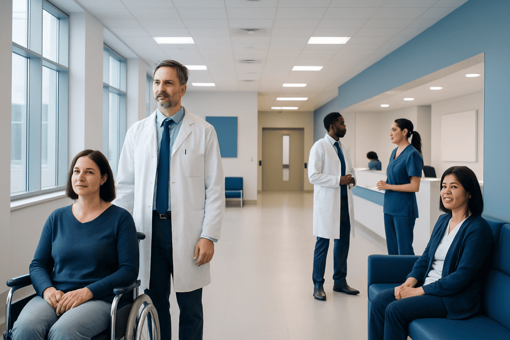 ALS and Neuroimmunology: Is Motor Neuron Disease Autoimmune? 1 Medical team with patients in a hospital corridor at Acibadem Hospitals Group.