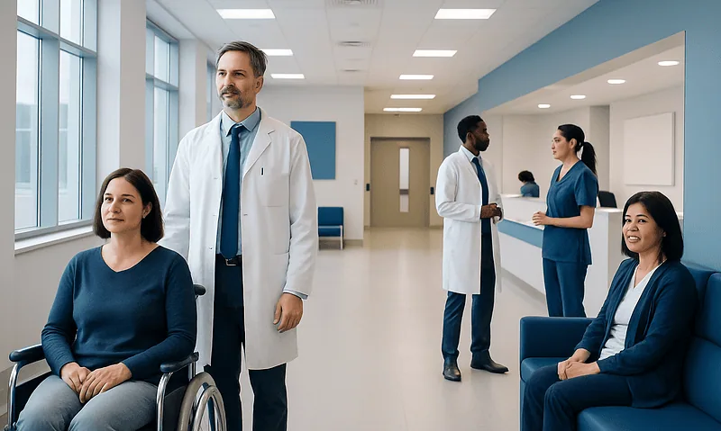 Medical team with patients in a hospital corridor at Acibadem Hospitals Group.