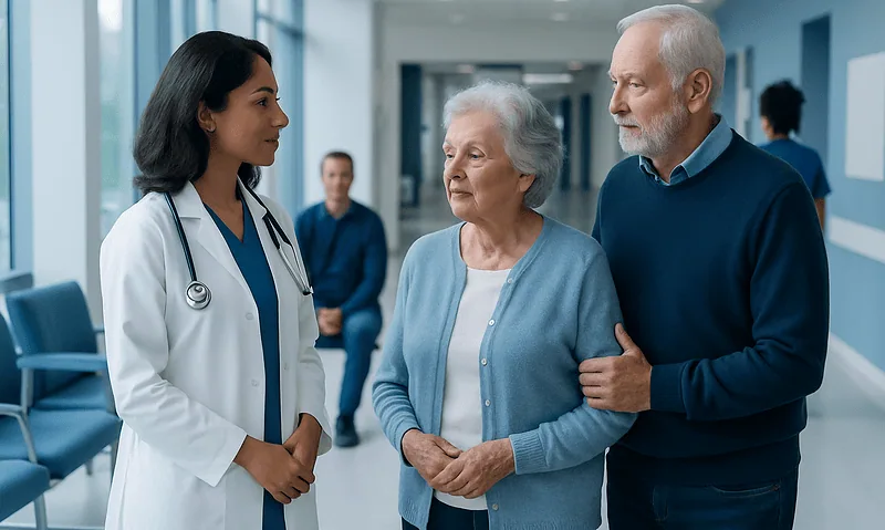 Doctor consulting elderly woman in hospital corridor for Alzheimer's care.