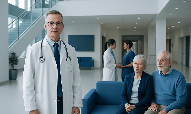 Doctor with elderly patients in a hospital lobby.