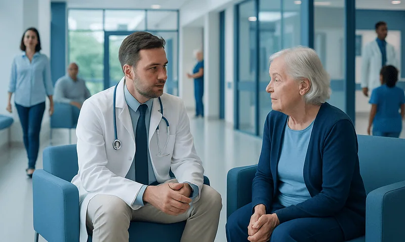 Doctor consulting with elderly woman in hospital lobby.