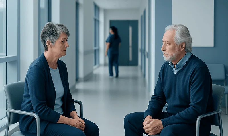 Elderly man and woman in a hospital corridor during a consultation.