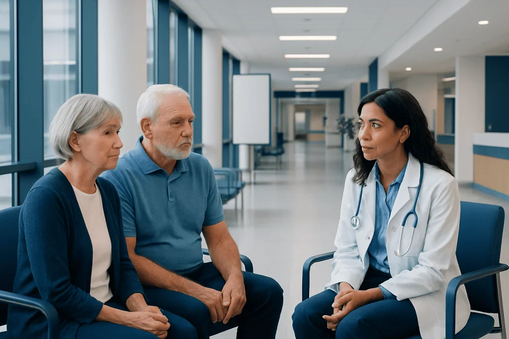 Alzheimer’s Disease Specialists: What They Do and When to Get a Second Opinion 1 Doctor consulting elderly couple in hospital corridor.