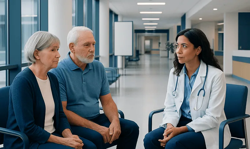 Doctor consulting elderly couple in hospital corridor.