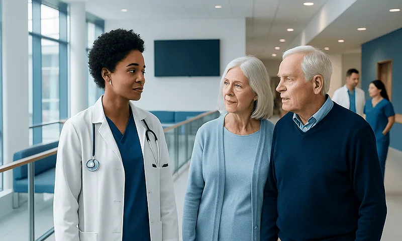 Doctor consulting elderly couple in hospital corridor.
